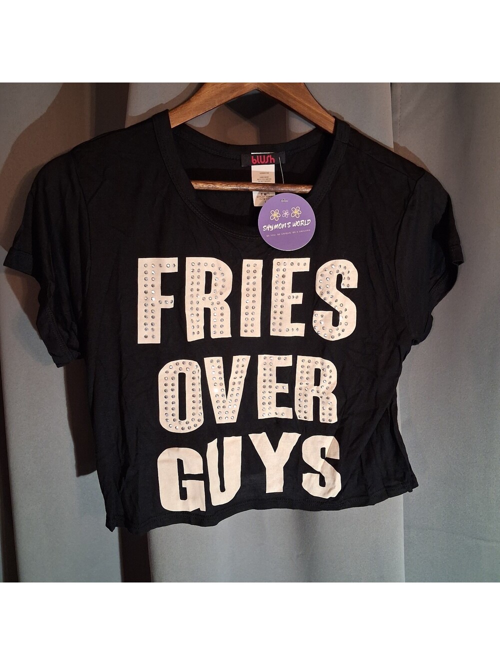 Black Crop Top with  Rhinestones FITS LIKE MED TO LARGE